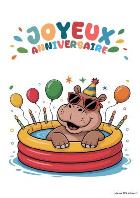Image d'un hippopotame souriant dans une piscine, portant des lunettes et un chapeau de fête, entouré de ballons. Texte Joyeux Anniversaire en haut.