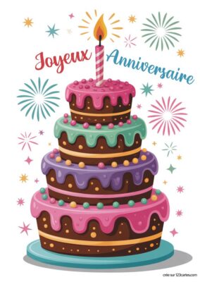 Gâteau d'anniversaire à quatre étages, décoré de glaçage coloré et surmonté d'une bougie. Texte Joyeux Anniversaire en arrière-plan.