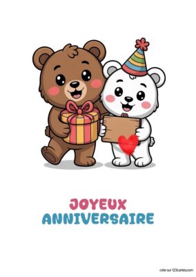 Deux oursons mignons, un brun tenant un cadeau et un blanc portant une pancarte avec un cœur, souhaitent Joyeux anniversaire.