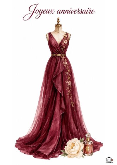Mannequin présentant une robe longue bordeaux plissée et ornée de broderies dorées, avec une fleur et un flacon de parfum à ses pieds. « Joyeux anniversaire » stylisé en haut.