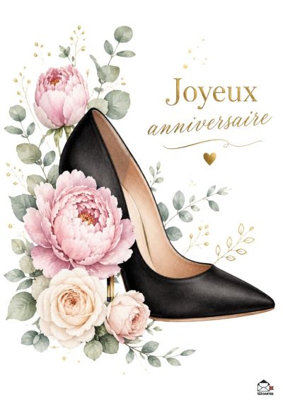 Une escarpin noire est entourée de roses roses et blanches et de feuilles vertes. Le message « Joyeux anniversaire » est écrit en lettres dorées.