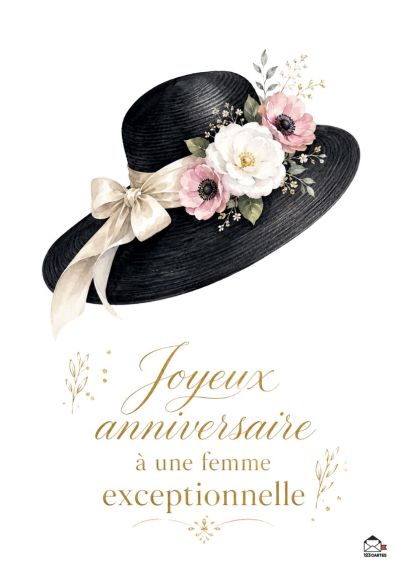 Chapeau noir orné de fleurs roses, blanches et d'un ruban de satin. Des inscriptions dorées « Joyeux anniversaire à une femme exceptionnelle » ornent le bas.