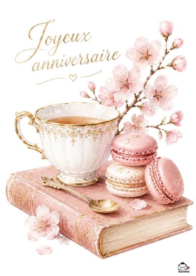 Une tasse à thé blanche ornée, une cuillère dorée, des macarons roses et beiges sur un livre rose pâ. Branches de cerisier en fleur rose. Inscription « Joyeux anniversaire ».