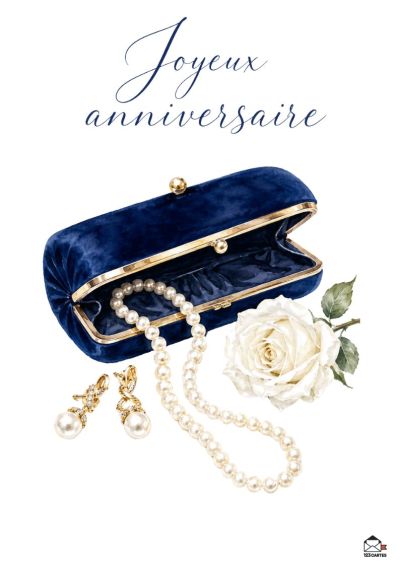 Pochette bleue en velours, bijouterie perles et diamants, rose blanche. « Joyeux anniversaire »