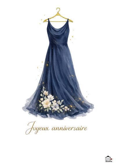 Robe longue bleu marine sur cintre doré agrémentée de fleurs et paillettes dorées. Citation « Joyeux anniversaire » dorée.