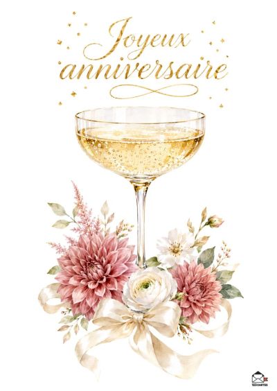Coupe de champagne garnie de fleurs roses et blanches, avec le message « Joyeux anniversaire » doré en haut.
