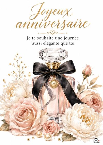 Bouteille de parfum rose pâle avec un ruban de satin noir, entourée de roses roses et crème. Joyeux anniversaire.