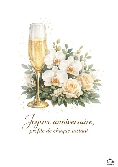 Flûte à champagne dorée remplie de liquide pétillant à côté d'un bouquet de fleurs blanches et roses pâles. Inscription manuscrite Joyeux anniversaire, profite de chaque instant.