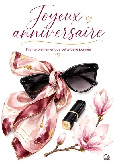 Guirlande de magnolias roses avec lunettes de soleil noires, scarf rose et bordeaux, et rouge à lèvres noir. « Joyeux anniversaire »