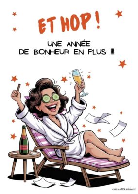 Illustration d'une femme joyeuse en peignoir, sirotant un cocktail, entourée de confettis et de papiers, célébrant son anniversaire.
