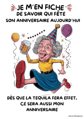 Image humoristique d'une femme âgée qui fête son anniversaire, portant un chapeau de fête et souriant, entourée de décorations.
