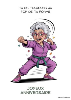 Une femme âgée souriante en tenue de sport, prête à faire un geste énergique. Texte : Tu es toujours au top de ta forme, Joyeux Anniversaire.