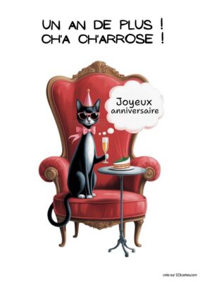 Un chat noir en lunettes de soleil, assis sur un fauteuil rouge, célèbre un anniversaire avec un gâteau et une coupe.