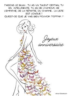 Illustration d'une femme stylisée en robe composée de nombreux papillons, avec le texte Joyeux anniversaire en dessous.