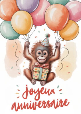 Petit singe mignon tenant un cadeau, suspendu à un bouquet de ballons colorés sur fond aquarelle douce