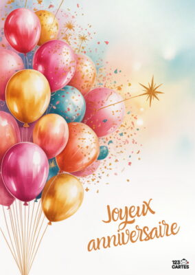 Bouquet de ballons colorés avec étoile dorée et confettis sur fond aquarelle pastel lumineux