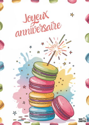 Tour de macarons colorés avec cierge magique sur fond blanc décoré de taches aquarelle multicolores