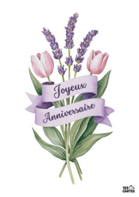 Bouquet printanier de tulipes roses et brins de lavande violette noués d'un ruban lilas