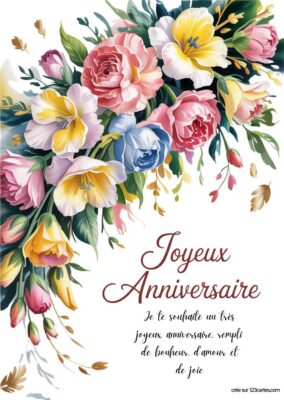 Carte anniversaire à imprimer avec bouquet de fleurs colorées, style aquarelle.