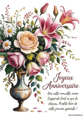 Carte anniversaire à imprimer, bouquet de roses et lys roses dans un vase, style réaliste.