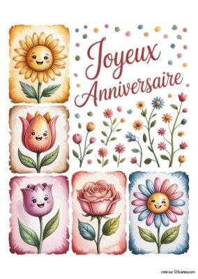 Carte anniversaire à imprimer avec fleurs souriantes et colorées, style aquarelle.