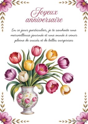 Carte anniversaire à imprimer avec bouquet de tulipes colorées et bordure florale, style aquarelle.
