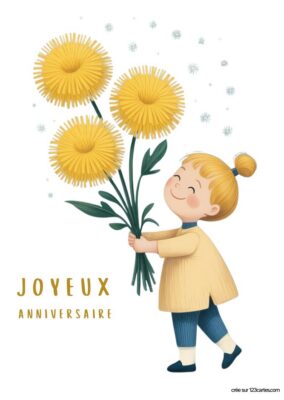Carte anniversaire à imprimer avec enfant tenant des pissenlits jaunes, style illustration douce.