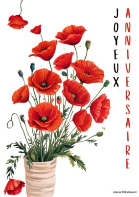 Carte anniversaire à imprimer avec bouquet de coquelicots rouges, style aquarelle.