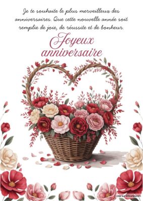 Carte anniversaire à imprimer, panier de fleurs rouges et roses, style aquarelle.