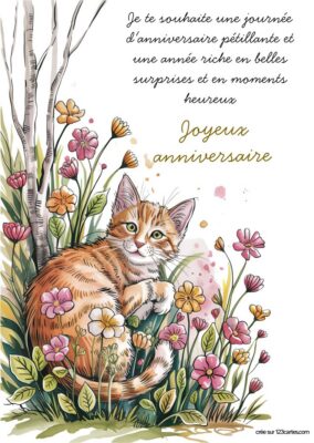 Carte anniversaire à imprimer avec un chat roux parmi des fleurs colorées, style aquarelle.