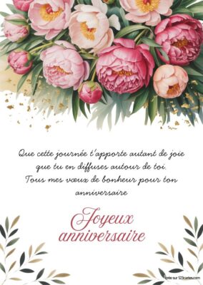 Carte anniversaire à imprimer, bouquet de pivoines roses et blanches, style aquarelle.