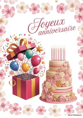 Carte anniversaire à imprimer avec gâteau fleuri, cadeau et ballons, style festif