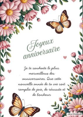 Carte anniversaire à imprimer, bordures de fleurs roses et papillons, style aquarelle.