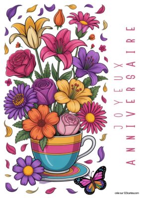 Carte anniversaire à imprimer, bouquet de fleurs colorées dans une tasse, style illustration.
