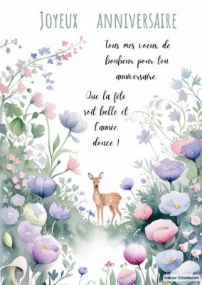 Carte anniversaire à imprimer avec cerf et fleurs aquarelle, style doux et poétique.