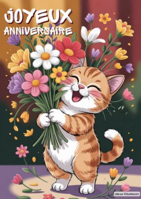 Carte anniversaire à imprimer avec un chaton roux tenant un bouquet de fleurs colorées, style dessin animé.