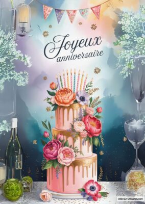 Carte anniversaire à imprimer, gâteau 3 étages rose et doré, fleurs, style aquarelle.
