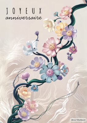 Carte anniversaire à imprimer avec fleurs pastel et feuillage stylisé, design poétique.