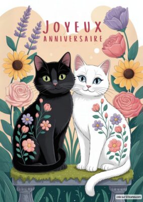 Carte anniversaire à imprimer avec deux chats, fleurs et style pastel.