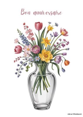 Carte anniversaire à imprimer, bouquet de fleurs colorées dans un vase en verre, style aquarelle.