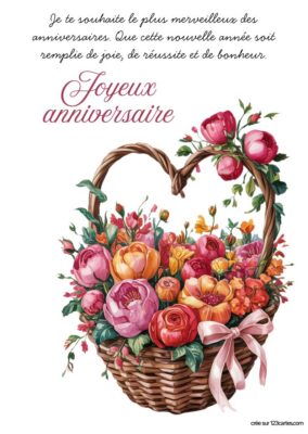 Carte anniversaire à imprimer, panier de fleurs roses et oranges, style aquarelle.