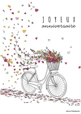 Carte anniversaire à imprimer, vélo vintage avec panier fleuri et cœurs colorés, style dessin.