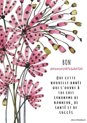 Carte anniversaire à imprimer avec fleurs roses et noires, style aquarelle.