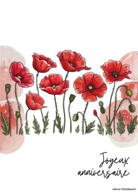 Carte anniversaire à imprimer, coquelicots rouges et touches aquarelle, style délicat.