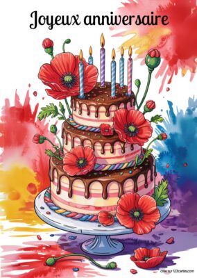 Carte anniversaire à imprimer, gâteau à étages décoré de coquelicots rouges et éclaboussures colorées, style aquarelle.