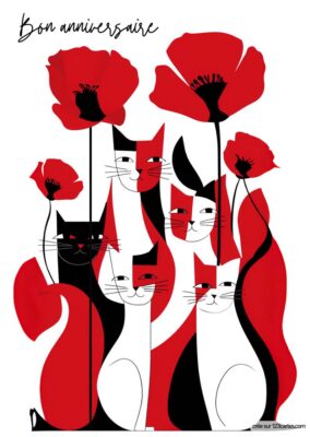 Carte anniversaire à imprimer avec des chats noirs et blancs et des coquelicots rouges, style graphique.
