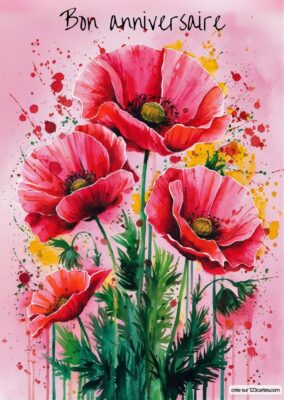 Carte anniversaire à imprimer avec coquelicots rouges et éclaboussures roses, style aquarelle.