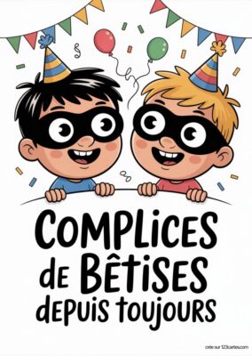 Carte anniversaire «Complices de Bêtises» à imprimer pour frère. Illustration cartoon de deux garçons masqués avec chapeaux de fête, style cartoon.