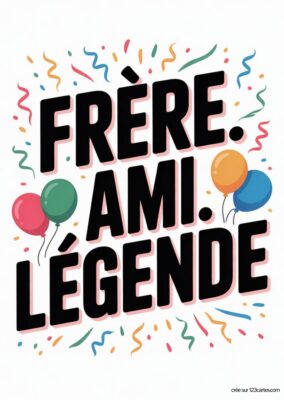 Carte «Frère, Ami, Légende» à imprimer avec ballons colorés et confettis, style graphique moderne.