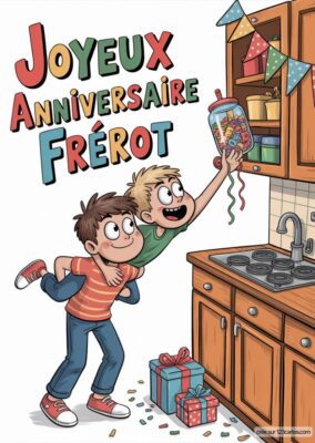 Carte Joyeux Anniversaire Frérot à imprimer, illustration cartoon avec deux garçons, style bande dessinée. Couleurs vives et gaies.